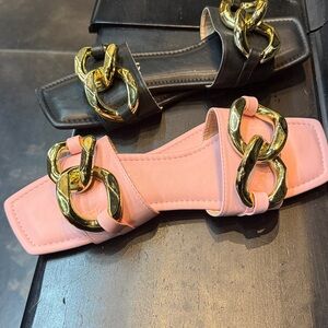 Yoki Women's Black and Pink Slide Sandals with Gold Chain set of 2!